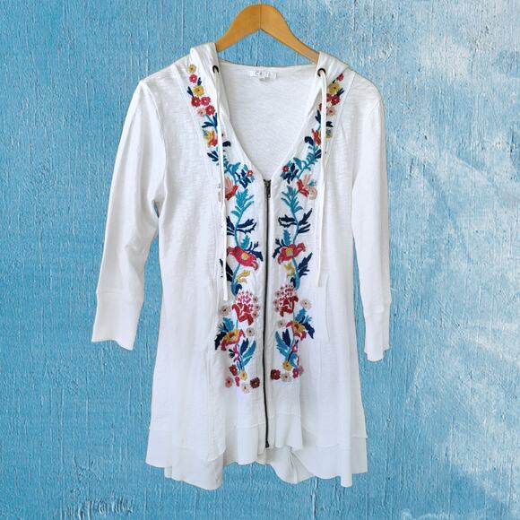 CAITE White Boho Floral Embroidered Zip Front Hoodie Jacket Medium 3/4 Sleeve - Picture 6 of 8